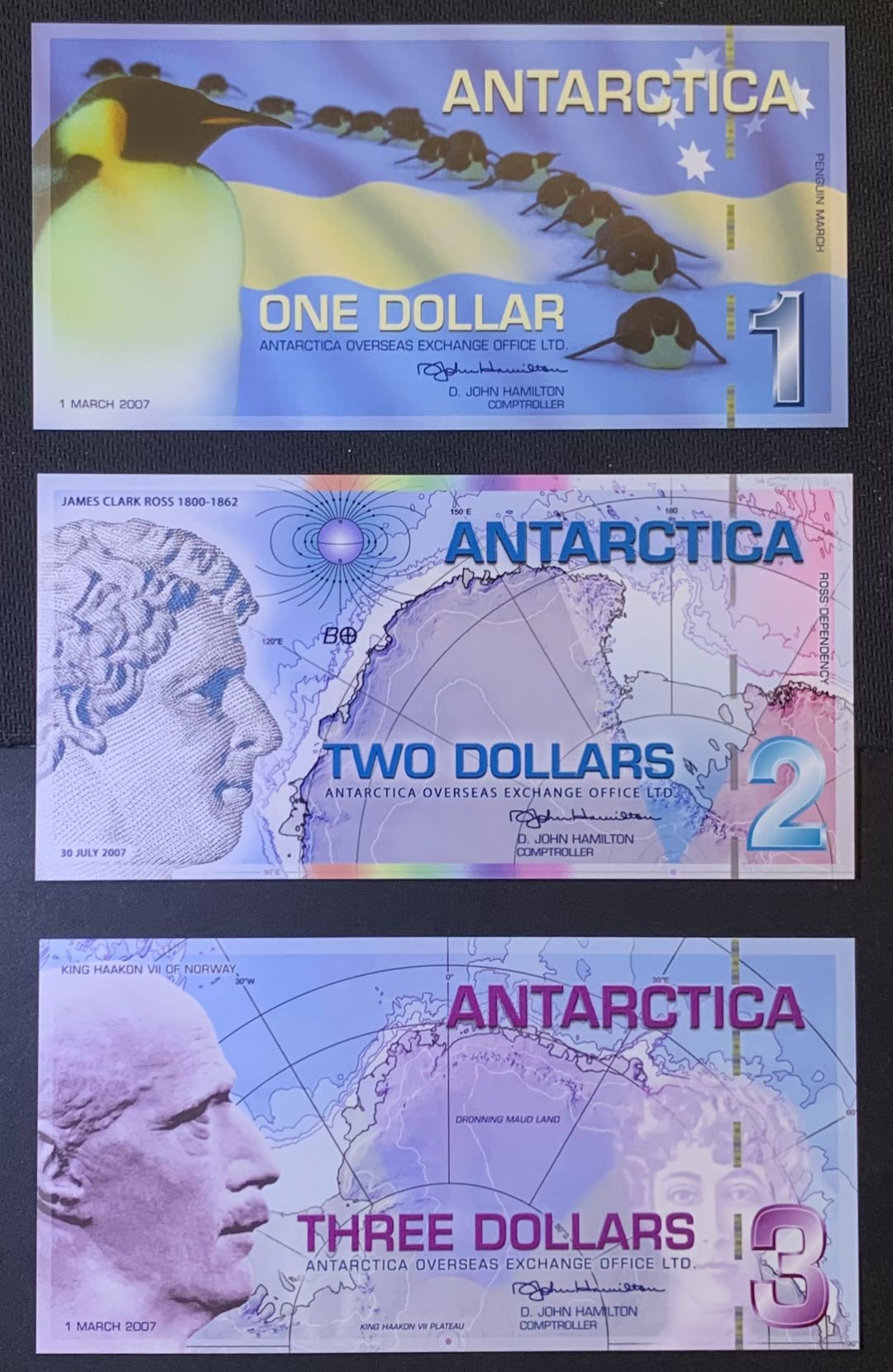 紫瑗钱币—微拍第120期—纸币场 南极洲 属地 1 2 3 美元 塑料钞 UNC 3枚一组 