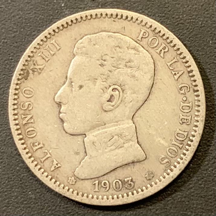 紫瑗钱币—微拍第121期  西班牙 1903年 阿方索13世 少年头 1比塞塔 5克 0.835银