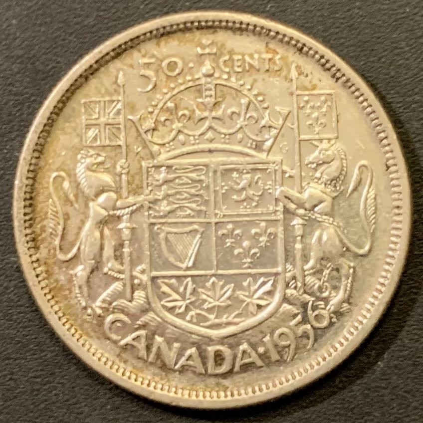 紫瑗钱币—微拍第121期  加拿大 1956年 伊丽莎白二世 老国徽 50分 11.67克 0.8银