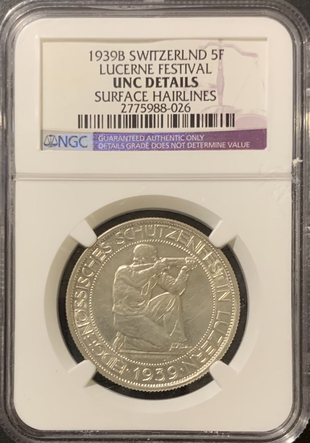 紫瑗钱币—微拍第121期  瑞士 1939年 卢塞恩射击节 5法郎 NGC UNC Detail