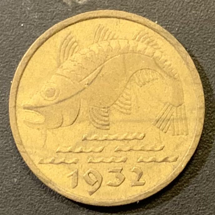 紫瑗钱币—微拍第121期  但泽自由市 1932年 鳕鱼 10芬妮 黄铜