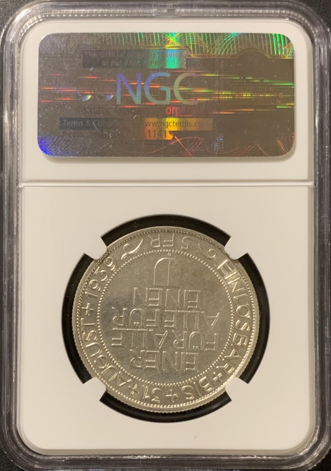 紫瑗钱币—微拍第121期  瑞士 1939年 卢塞恩射击节 5法郎 NGC UNC Detail