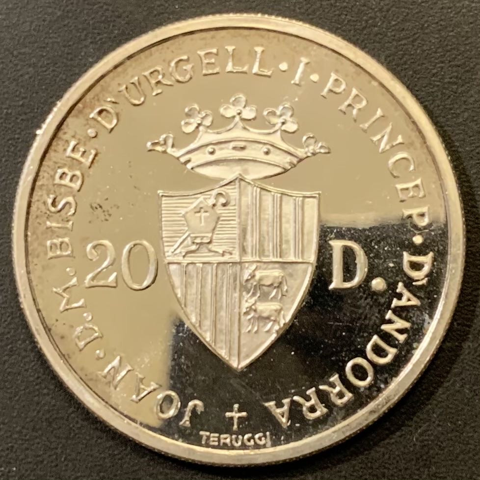 紫瑗钱币—微拍第121期  安道尔 1984年 洛杉矶奥运会 射击 20第纳尔 银币 16克 0.9银 精制