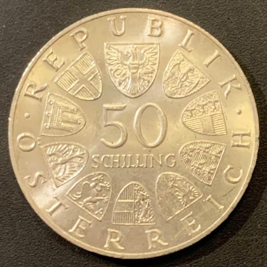 紫瑗钱币—微拍第121期  奥地利 1966年 国家银行150周年 50先令 20克 0.9银 UNC