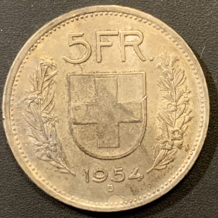 紫瑗钱币—微拍第121期  瑞士 1954年 威廉 泰尔 5法郎 15克 0.835银