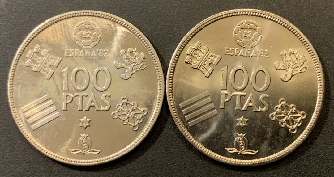 紫瑗钱币—微拍第121期  西班牙 1980年 82西班牙世界杯 100比塞塔 2枚一组 UNC