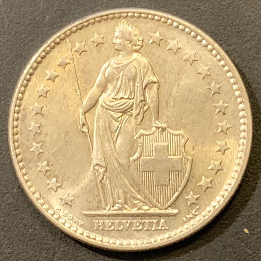 紫瑗钱币—微拍第133期  瑞士 1965年B 赫尔维蒂女神 2法郎 10克 0.835银 UNC