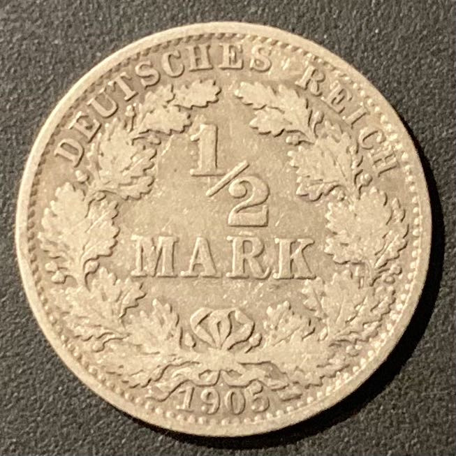 紫瑗钱币—微拍第121期  德国 1905年 A厂 1/2马克 2.77克 0.9银