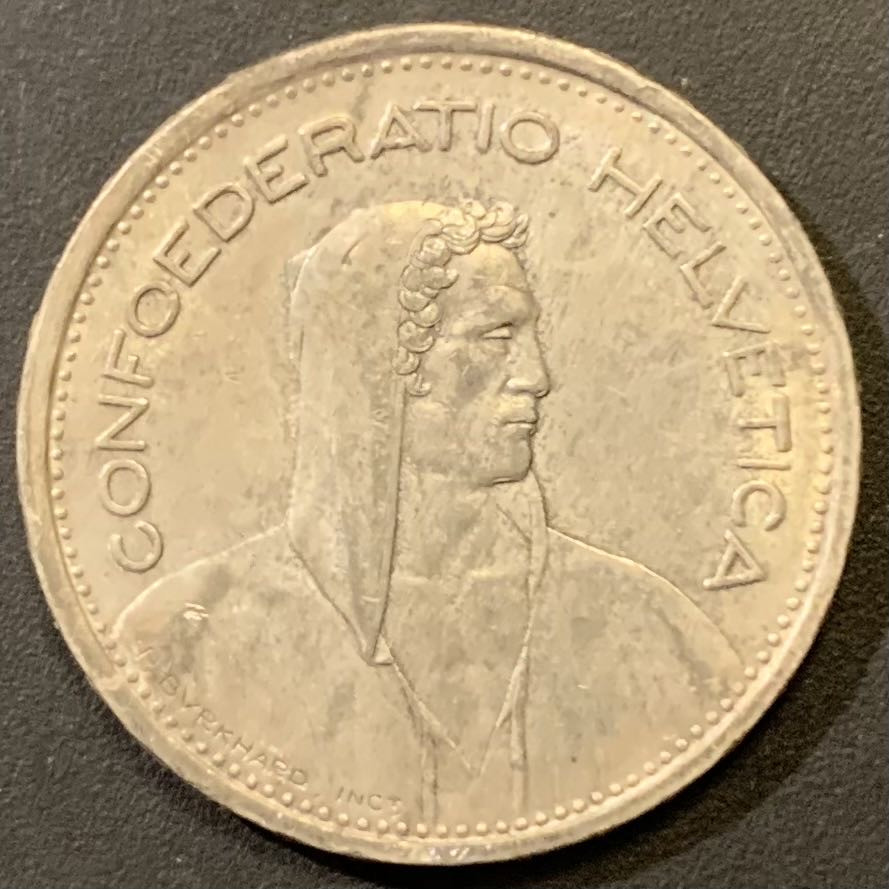 紫瑗钱币—微拍第121期  瑞士 1954年 威廉 泰尔 5法郎 15克 0.835银