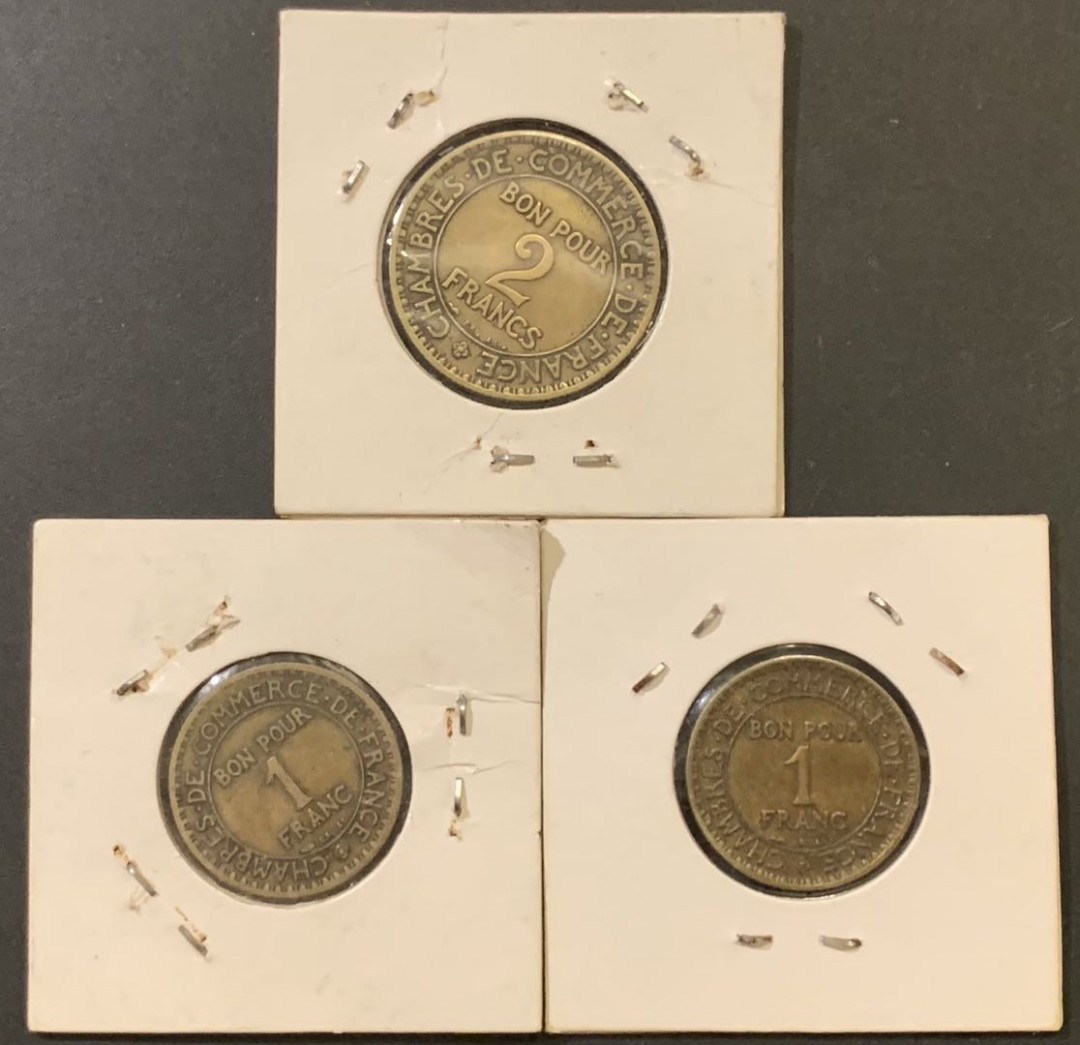 紫瑗钱币—微拍第121期  法国 第三共和国 1 2法郎 经典坐人 黄铜 3枚一组