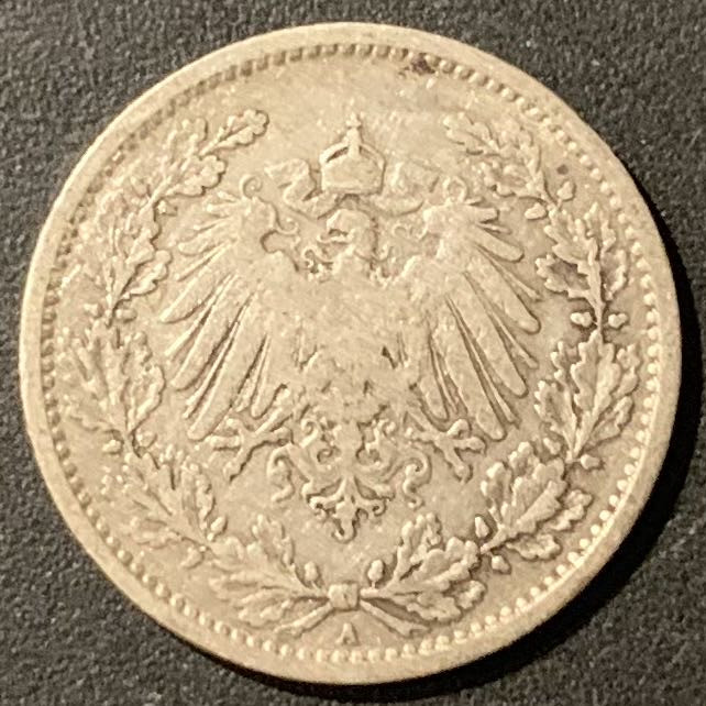 紫瑗钱币—微拍第121期  德国 1905年 A厂 1/2马克 2.77克 0.9银