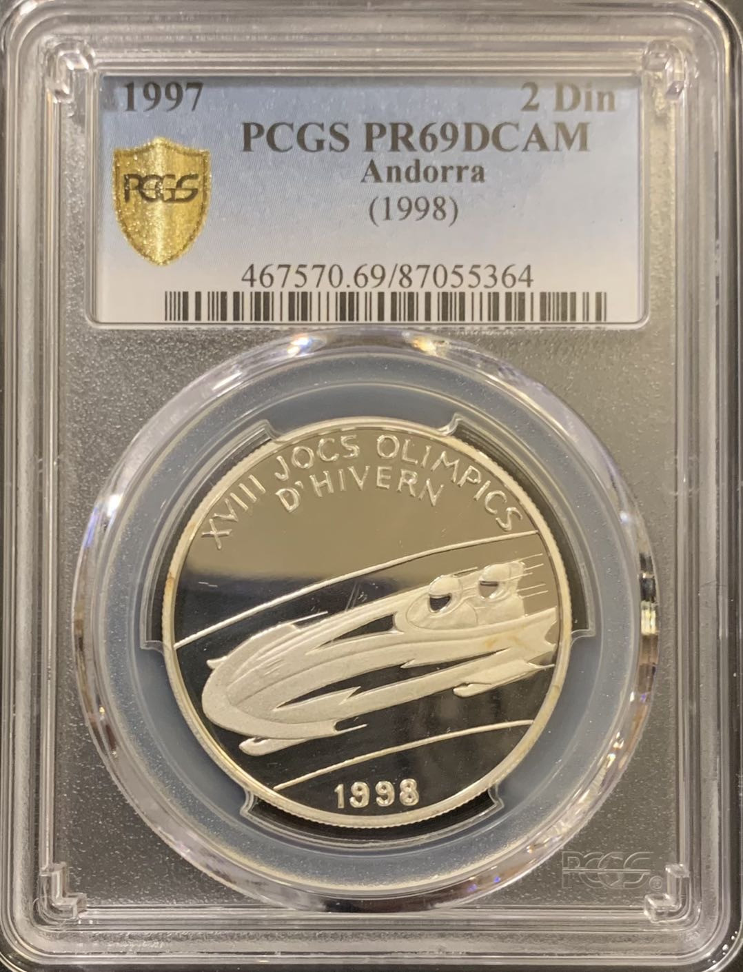 紫瑗钱币—微拍第121期  安道尔 1997年 速度雪橇 2第纳尔 20克 0.925银 PCGS PR69 DCAM