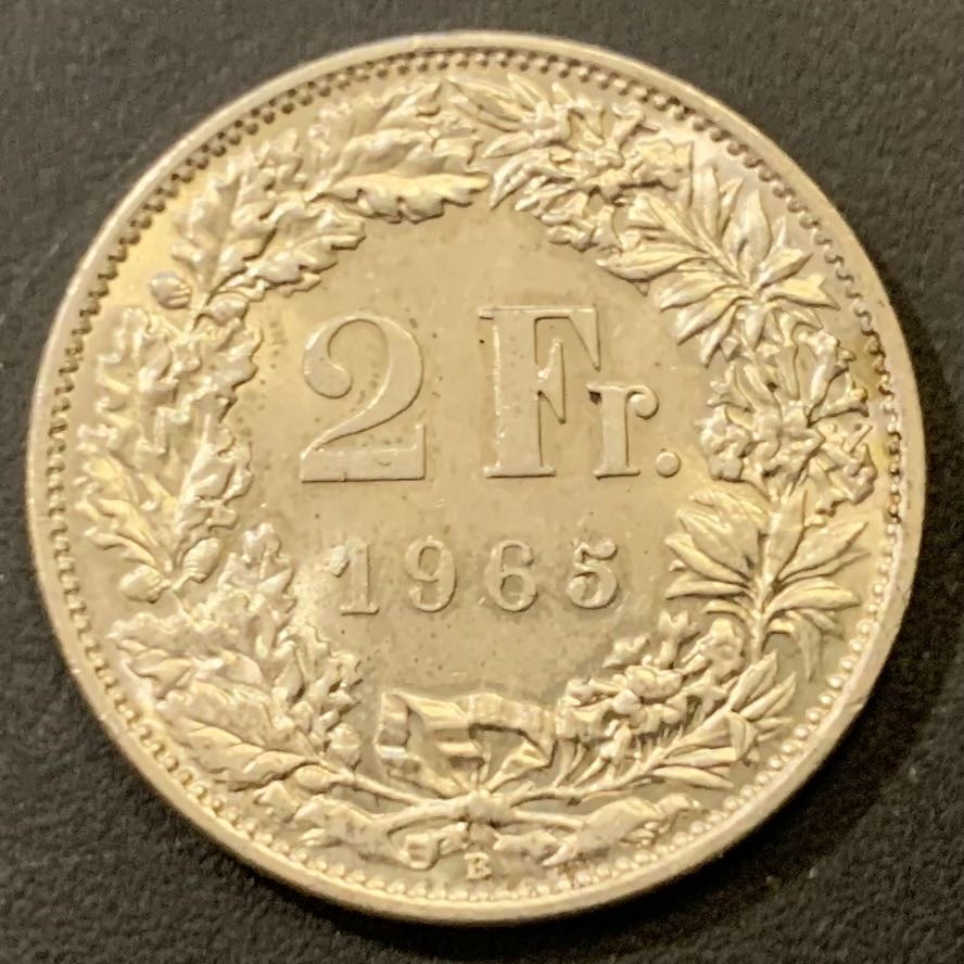 紫瑗钱币—微拍第133期  瑞士 1965年B 赫尔维蒂女神 2法郎 10克 0.835银 UNC