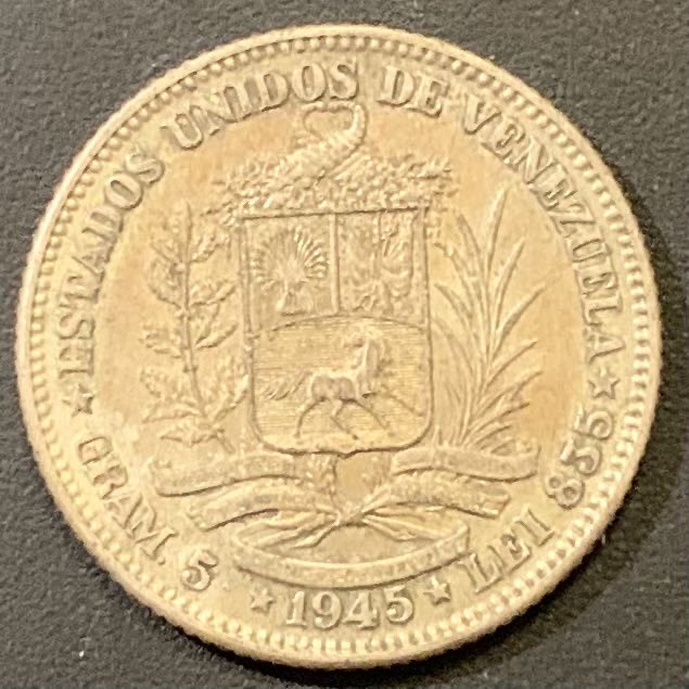 紫瑗钱币—微拍第121期  委内瑞拉 1945年 1玻璃瓦尔 5克 0.835银