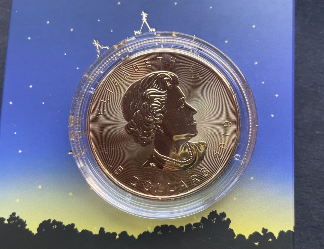 【币观天下】第130场钱币拍卖～    加拿大2019年5元，1盎司，枫叶星座系列--四大王座之- 孩子王“白羊座”，全方位镀24K金UV彩色万足银艺术银币 材质：9999银，24K金