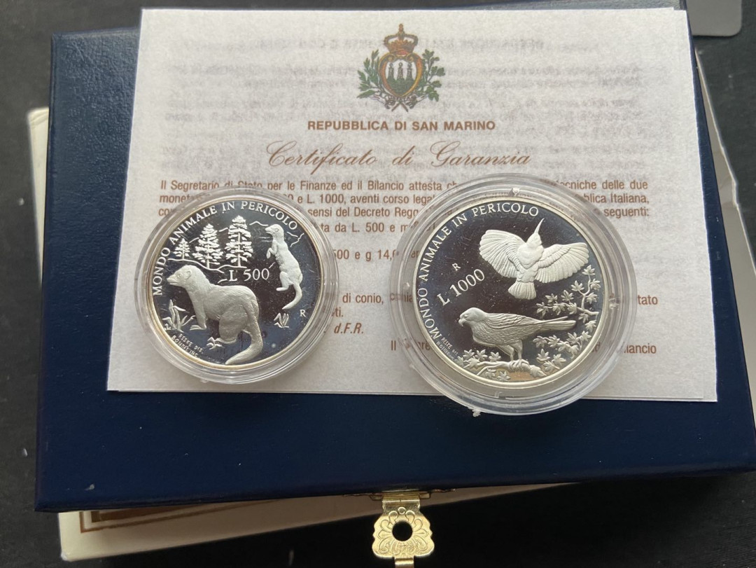 【币观天下】第130场钱币拍卖～ 【圣马力诺】圣马力诺1993年500.1000里拉 野生保护动物 2枚套 精制 纪念 银币