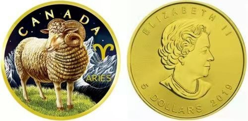 【币观天下】第130场钱币拍卖～    加拿大2019年5元，1盎司，枫叶星座系列--四大王座之- 孩子王“白羊座”，全方位镀24K金UV彩色万足银艺术银币 材质：9999银，24K金