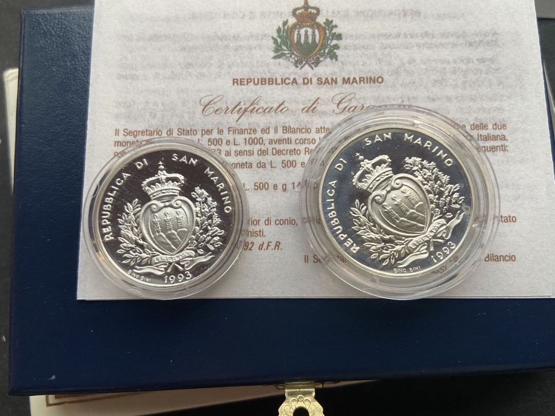 【币观天下】第130场钱币拍卖～ 【圣马力诺】圣马力诺1993年500.1000里拉 野生保护动物 2枚套 精制 纪念 银币