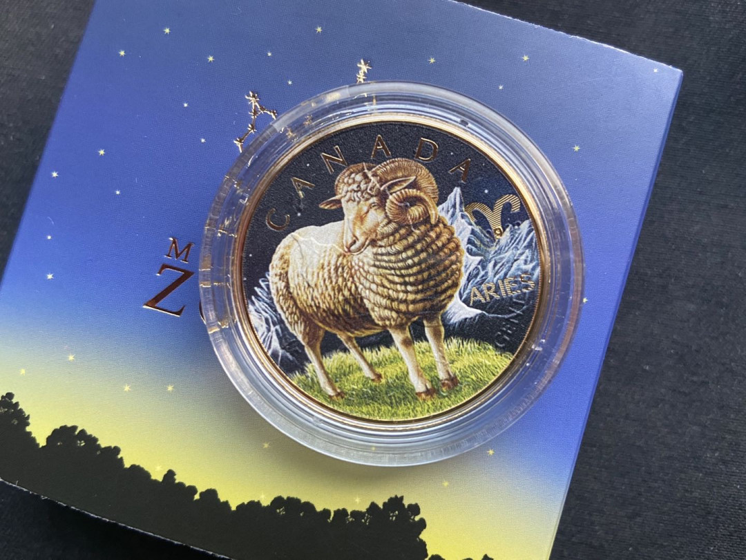 【币观天下】第130场钱币拍卖～    加拿大2019年5元，1盎司，枫叶星座系列--四大王座之- 孩子王“白羊座”，全方位镀24K金UV彩色万足银艺术银币 材质：9999银，24K金