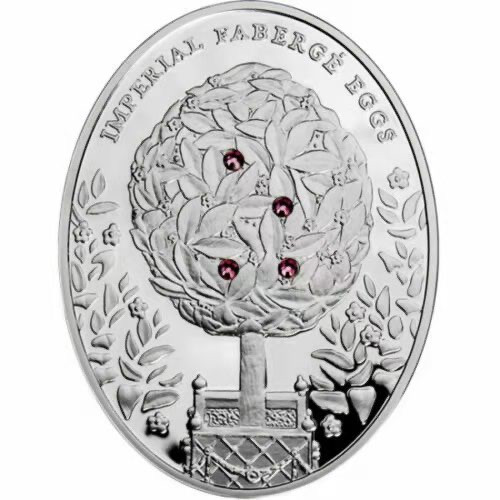 【币观天下】第130场钱币拍卖～ 【纽埃】纽埃2012年2元，56.56克 皇家费伯奇彩蛋系列---“香味甜月桂”，镶嵌紫色施华洛世奇宝石(4颗) 异形(椭圆形) 精制纪念银币