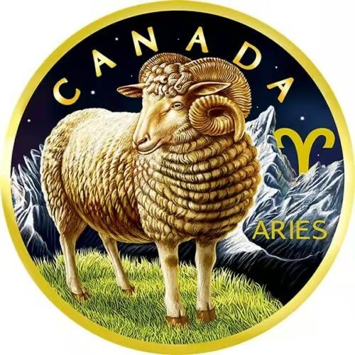 【币观天下】第130场钱币拍卖～    加拿大2019年5元，1盎司，枫叶星座系列--四大王座之- 孩子王“白羊座”，全方位镀24K金UV彩色万足银艺术银币 材质：9999银，24K金