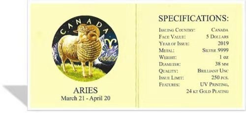 【币观天下】第130场钱币拍卖～    加拿大2019年5元，1盎司，枫叶星座系列--四大王座之- 孩子王“白羊座”，全方位镀24K金UV彩色万足银艺术银币 材质：9999银，24K金