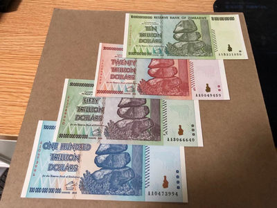 【Blue Auction】世界纸币精拍第41期 (共35拍） - 【一组4张 世界上面值最高的几张纸币】津巴布韦 10万亿-100万亿 AA冠 全新UNC