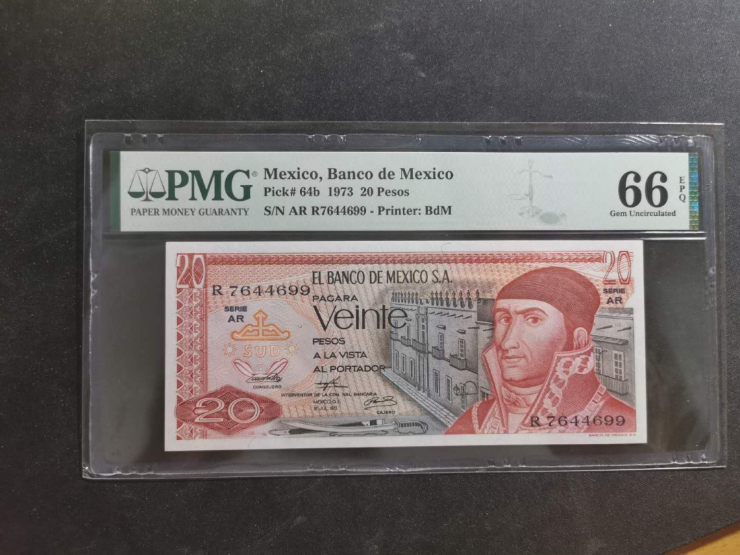 【鲸贝乐淘·外币】千字文·第“世禄侈富，车驾肥轻”号拍卖 【墨西哥🇲🇽 】1973年20比索，PMG66E 