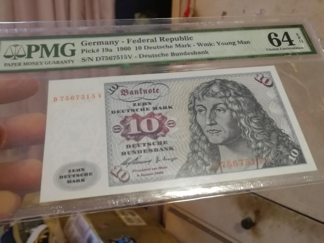 【鲸贝乐淘·外币】千字文·第“世禄侈富，车驾肥轻”号拍卖 【德国🇩🇪 】初版 德国1960年10马克 绝品，PMG64E 