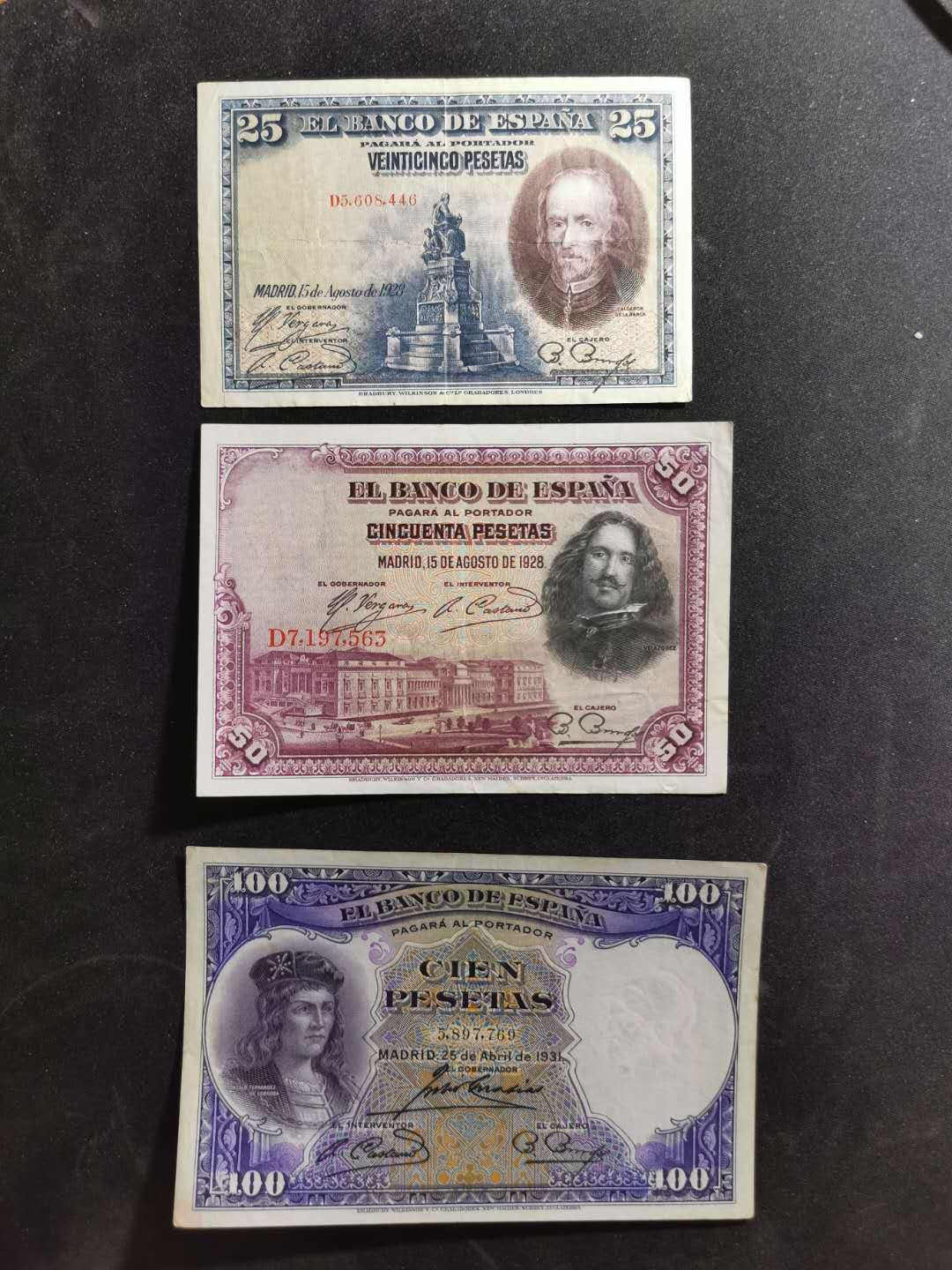 【鲸贝乐淘】千字文·第“策功茂实，勒碑刻铭”号拍卖 【西班牙🇪🇸 】25.50.100，老钞，油画版，流通品相如图