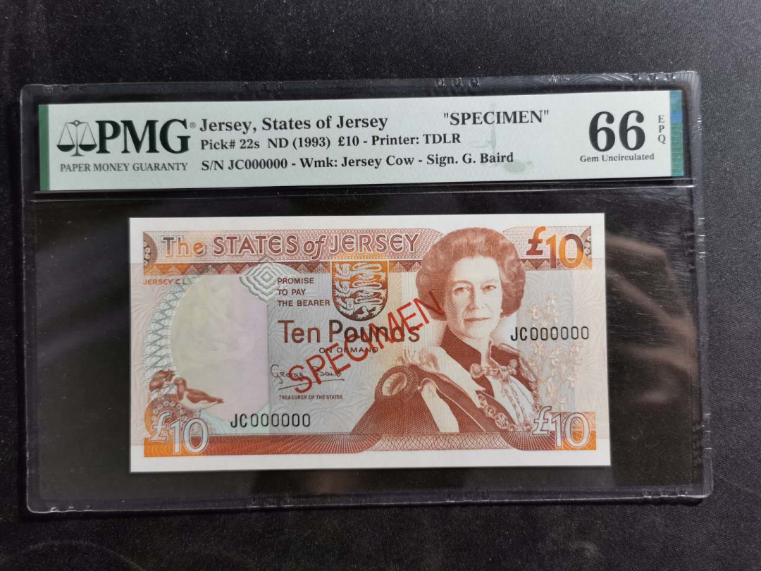 【鲸贝乐淘】千字文·第“策功茂实，勒碑刻铭”号拍卖 【泽西岛·票样样币】1993年10元，全零票样，PMG66E 