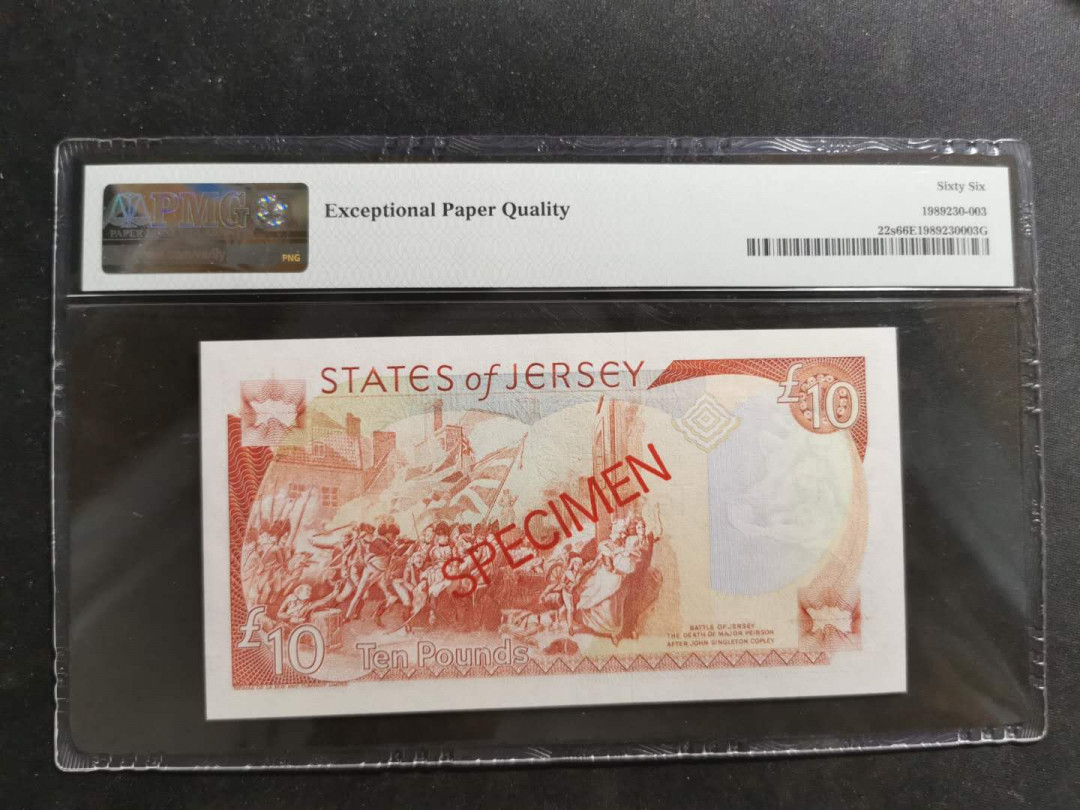 【鲸贝乐淘】千字文·第“策功茂实，勒碑刻铭”号拍卖 【泽西岛·票样样币】1993年10元，全零票样，PMG66E 