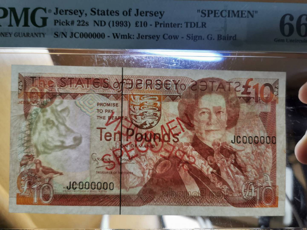 【鲸贝乐淘】千字文·第“策功茂实，勒碑刻铭”号拍卖 【泽西岛·票样样币】1993年10元，全零票样，PMG66E 