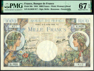 【Blue Auction】世界纸币精拍第43期——法兰西女神 (共53拍） - 【冠军分】法国 1944年1000法郎 pmg67EPQ 超大票幅精美 女神 墨丘利