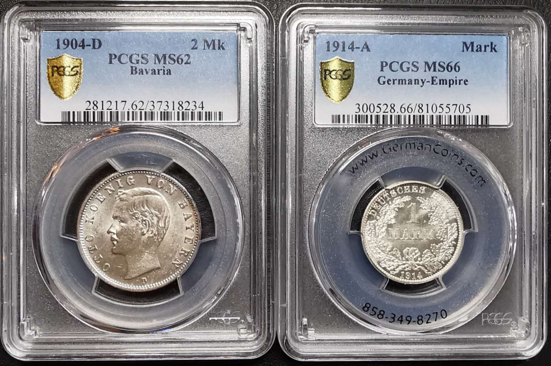 凡希社世界钱币微拍第一百四十二期 巴伐利亚2马克与帝国马克一对PCGS-MS62/66