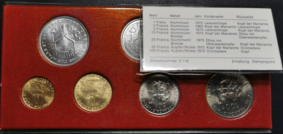 凡希社世界钱币微拍第一百四十二期 1975法属阿法伊萨七枚卡装全部BU