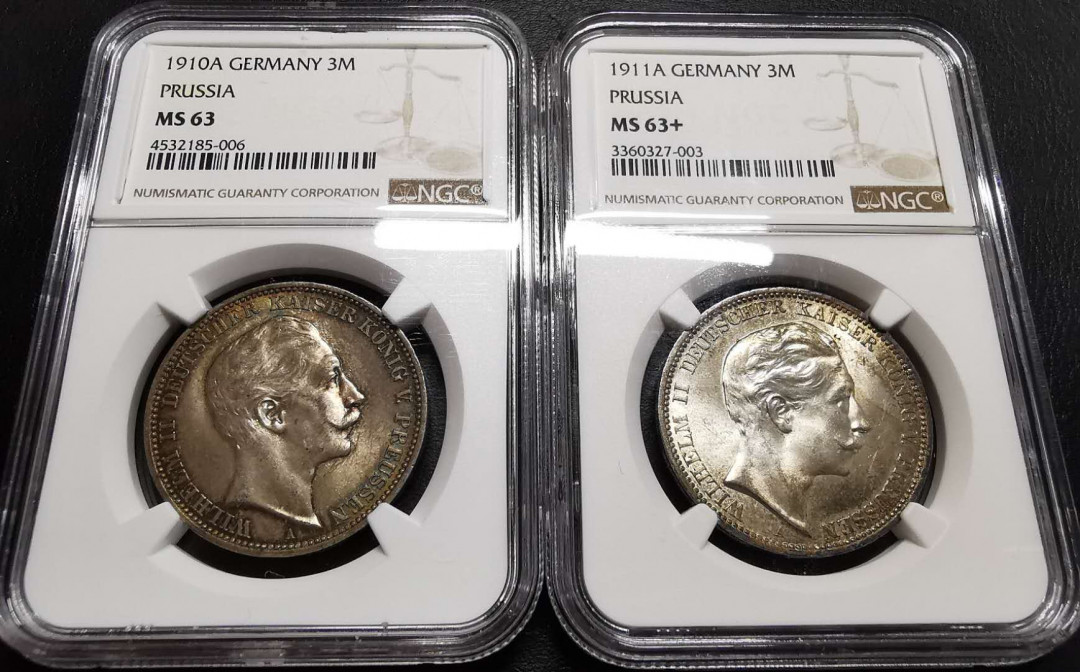 凡希社世界钱币微拍第一百四十二期 1910/11普鲁士3马克一对NGC-MS63/63+