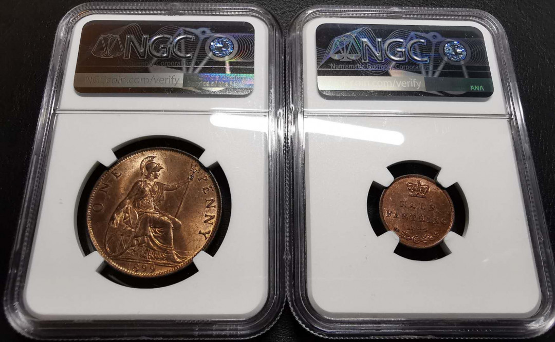 凡希社世界钱币微拍第一百四十二期 荐！英国维多利亚便士1/2法新一对NGC-MS64铜光饱满！