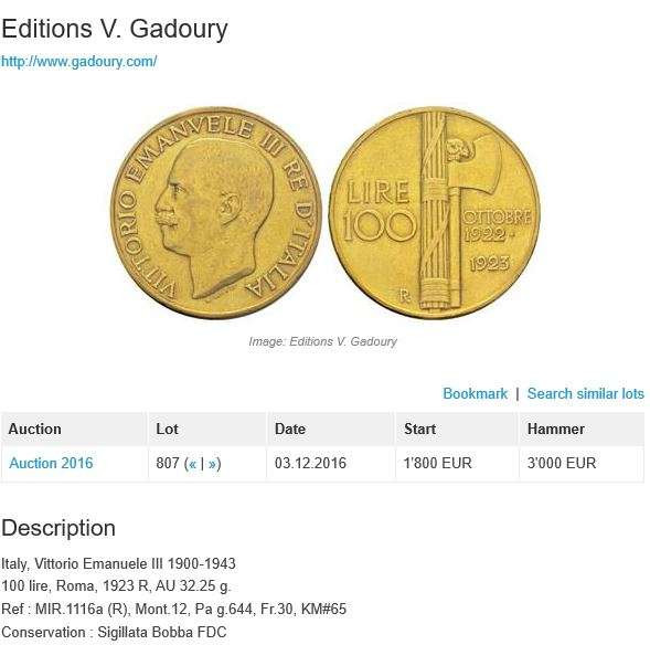 凡希社世界钱币微拍第一百四十二期 罕！1923R意大利曼努埃尔100里拉大金PCGS-MS62稀有品种！
