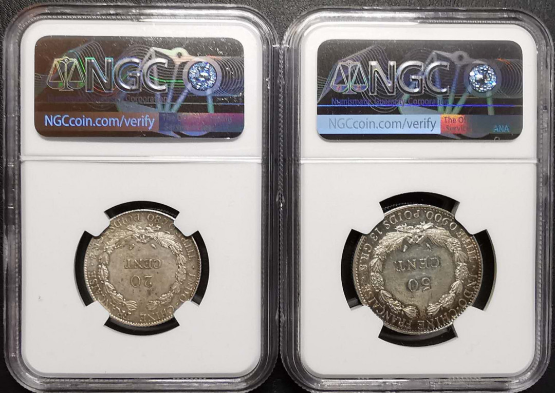 凡希社世界钱币微拍第一百四十二期 法属印度支那20分/50分一对NGC