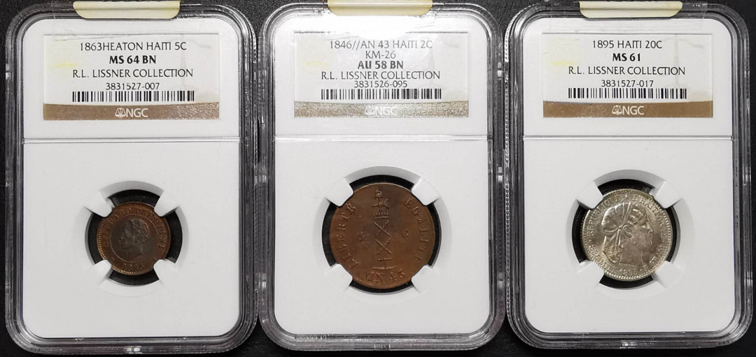 凡希社世界钱币微拍第一百四十二期 荐！海地银铜三枚一组名家旧藏NGC-MS61-64