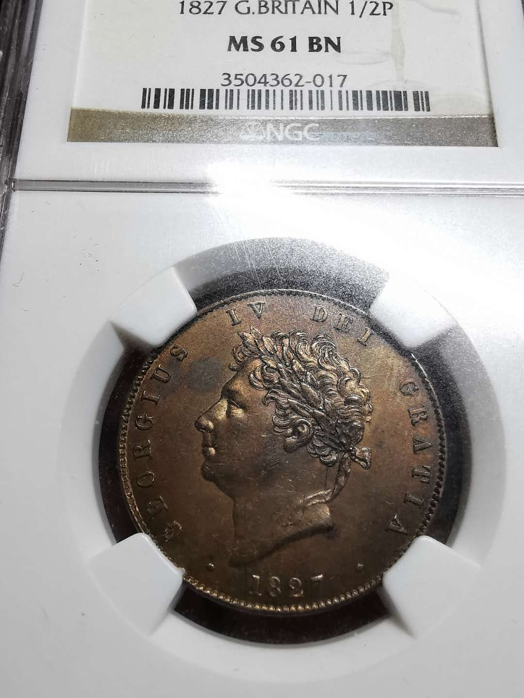 凡希社世界钱币微拍第一百四十二期 1827英国乔四1/2便士NGC-MS61