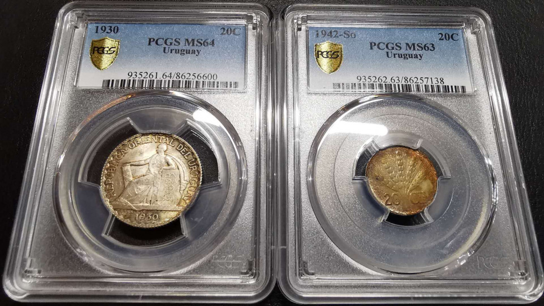 凡希社世界钱币微拍第一百四十二期 乌拉圭银币两枚PCGS-MS63/64五彩