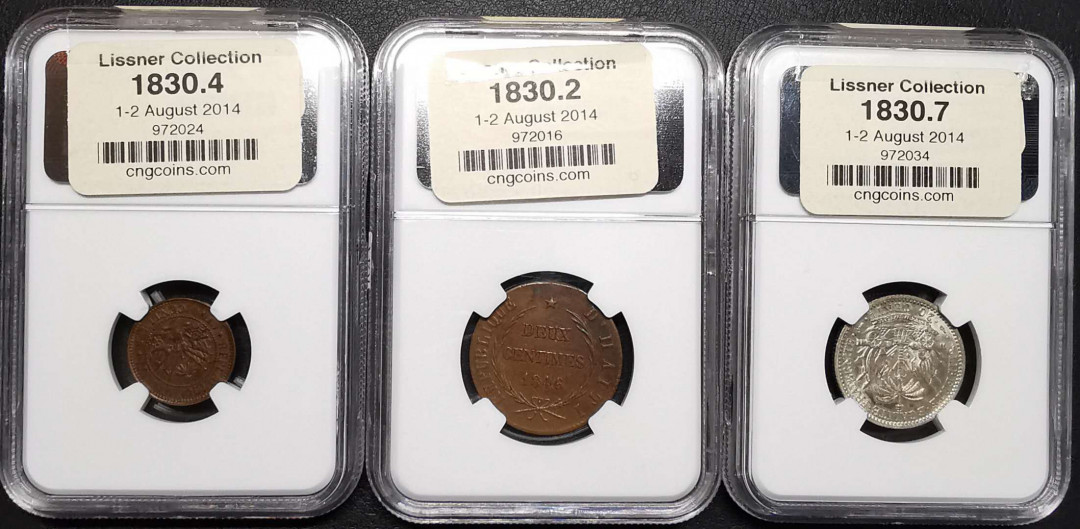 凡希社世界钱币微拍第一百四十二期 荐！海地银铜三枚一组名家旧藏NGC-MS61-64