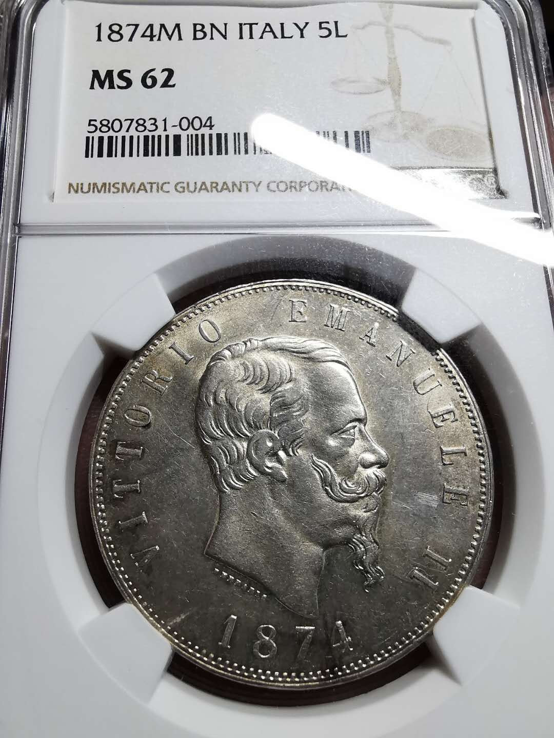 凡希社世界钱币微拍第一百四十二期 1874意大利5里拉大银NGC-MS62