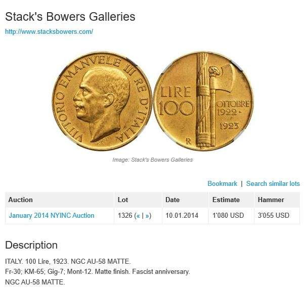 凡希社世界钱币微拍第一百四十二期 罕！1923R意大利曼努埃尔100里拉大金PCGS-MS62稀有品种！