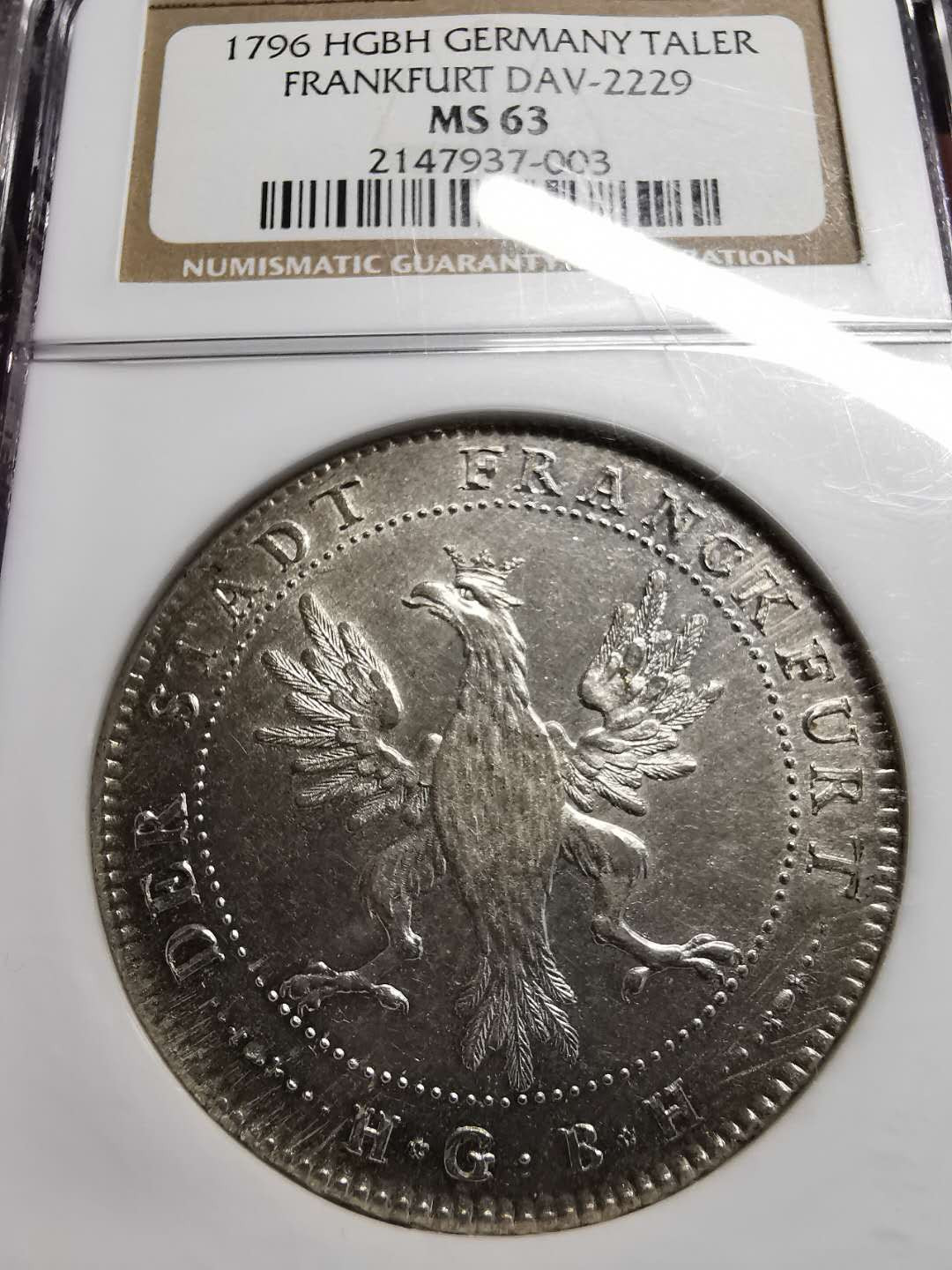 凡希社世界钱币微拍第一百四十二期 稀！1796法兰克福泰勒大银NGC-MS63收藏级！