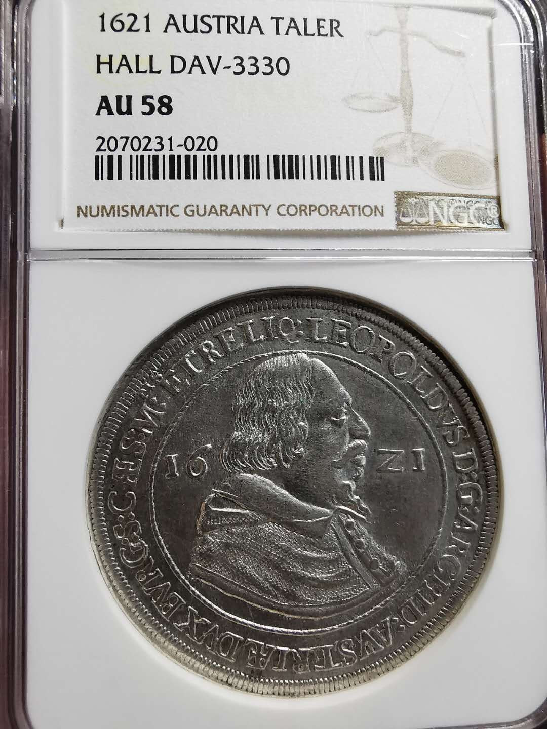 凡希社世界钱币微拍第一百四十二期 荐！1621神罗利奥波德主教泰勒大银NGC-AU58传世包浆！