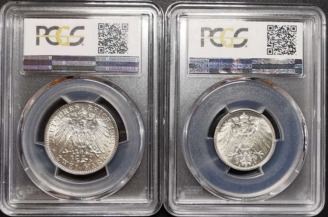 凡希社世界钱币微拍第一百四十二期 巴伐利亚2马克与帝国马克一对PCGS-MS62/66