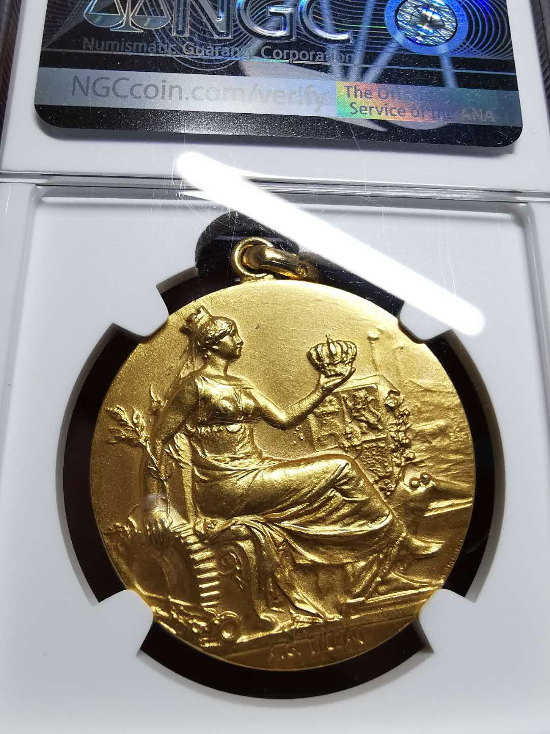 凡希社世界钱币微拍第一百四十二期 稀！1906西班牙阿方索十三世迎娶维多利亚尤金妮纪念金章NGC-MS62唯一最高分 22g